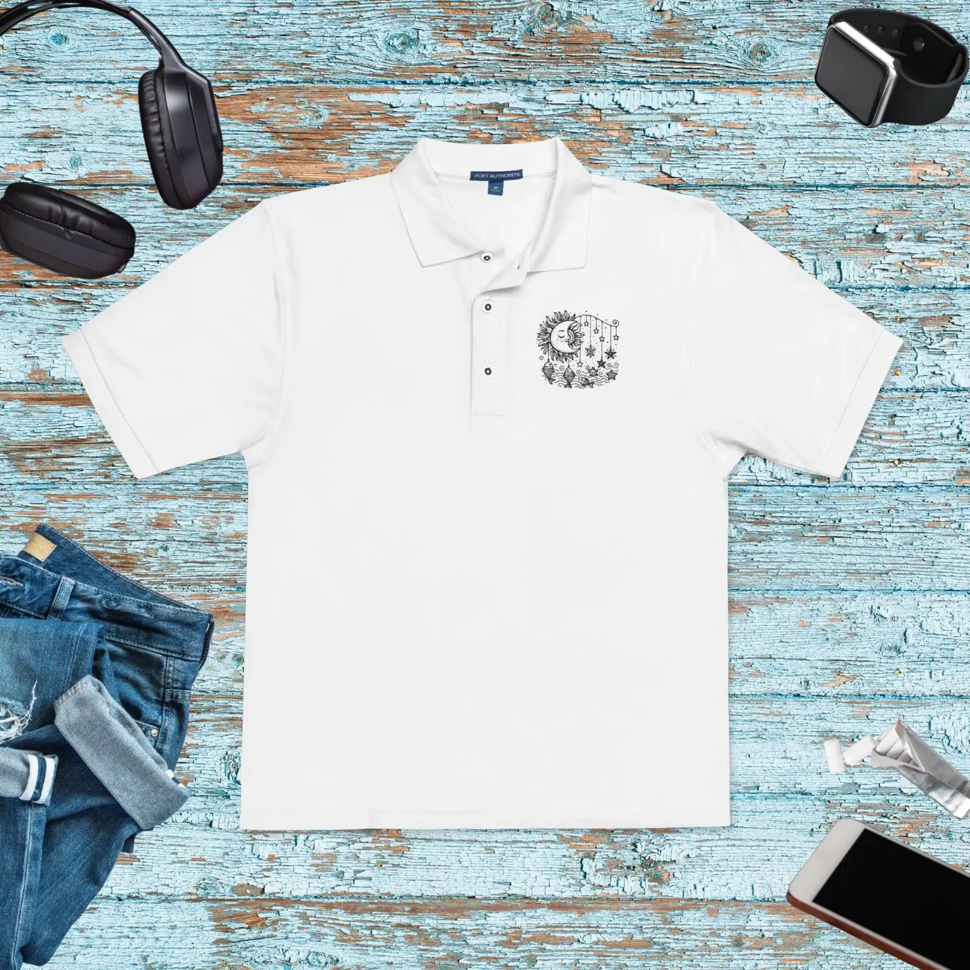 Embroidered Boho Moon Unisex Polo Shirt - Celestial Style - DipaliZ