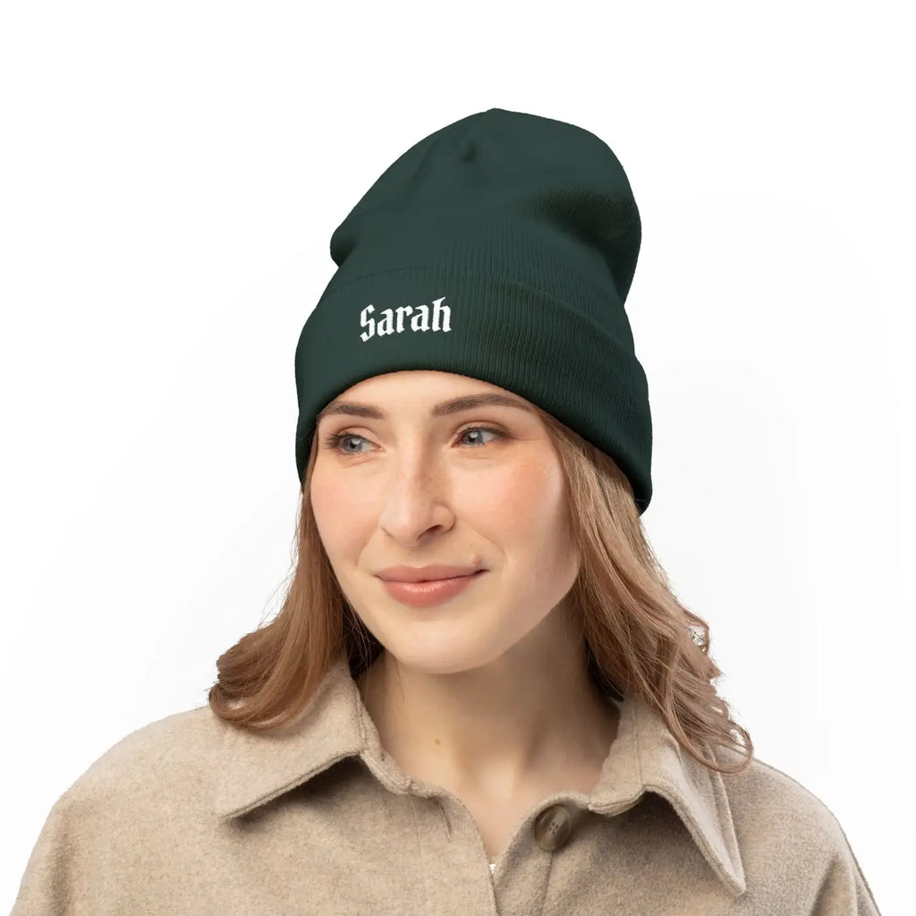 Gothic Script Knit Hat - Embroidered Personalized Beanie - DipaliZ