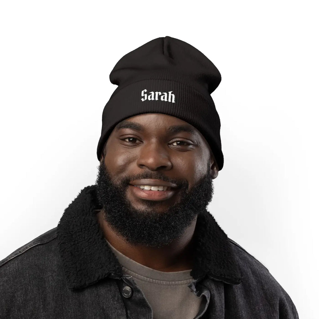 Gothic Script Knit Hat - Embroidered Personalized Beanie - DipaliZ
