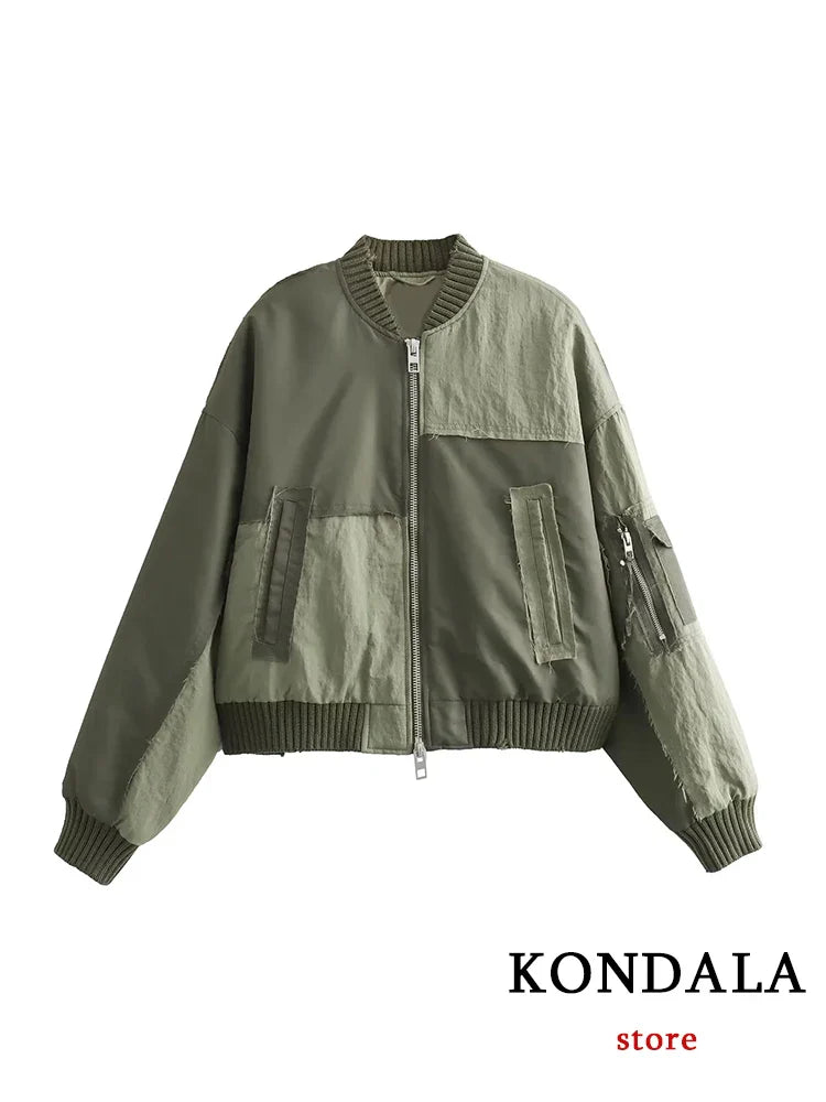 Streetwear Bomber Jackets Women Patchwork Zipper Pockets