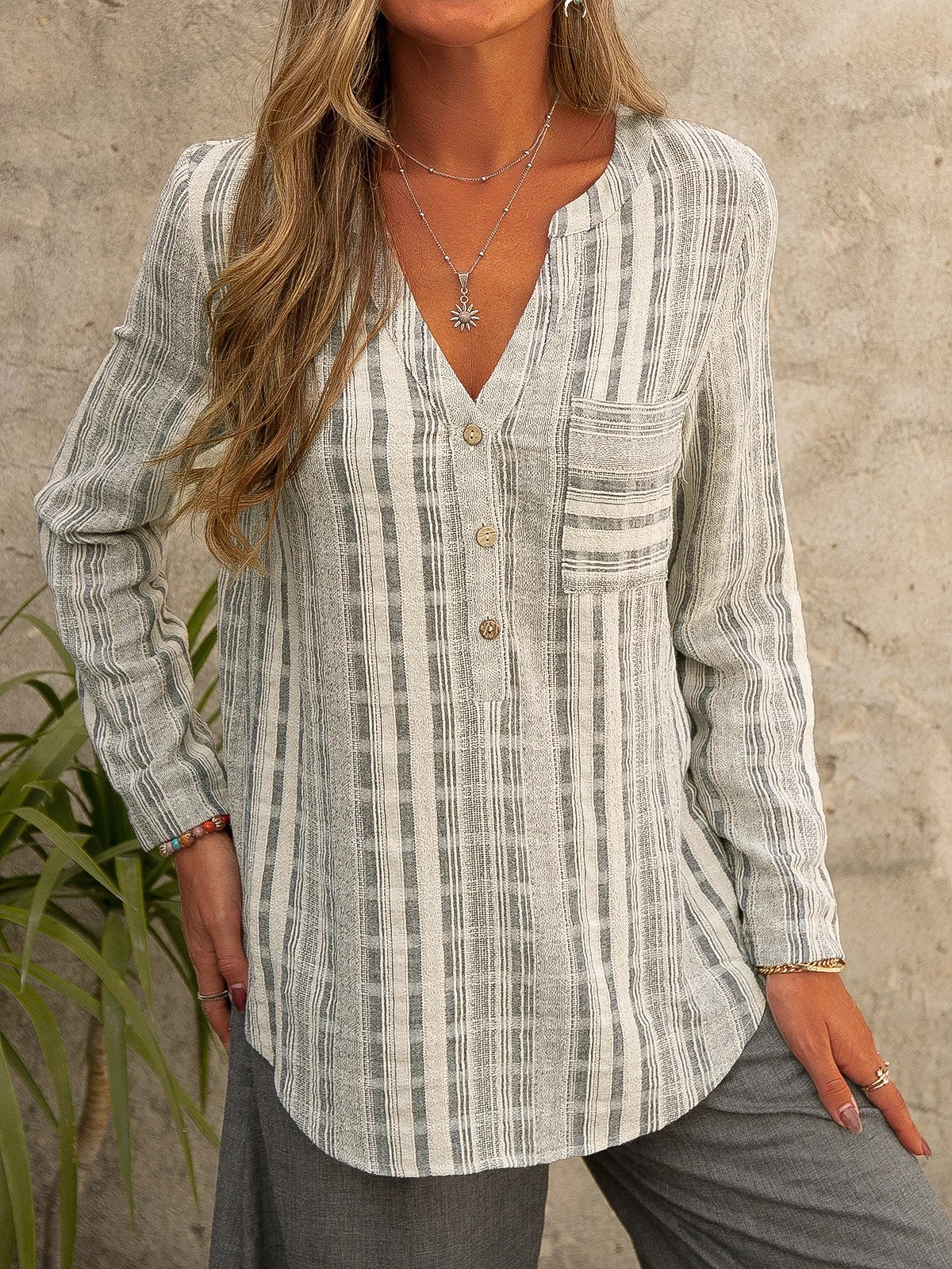 Plus size women's blue striped shirt casual top