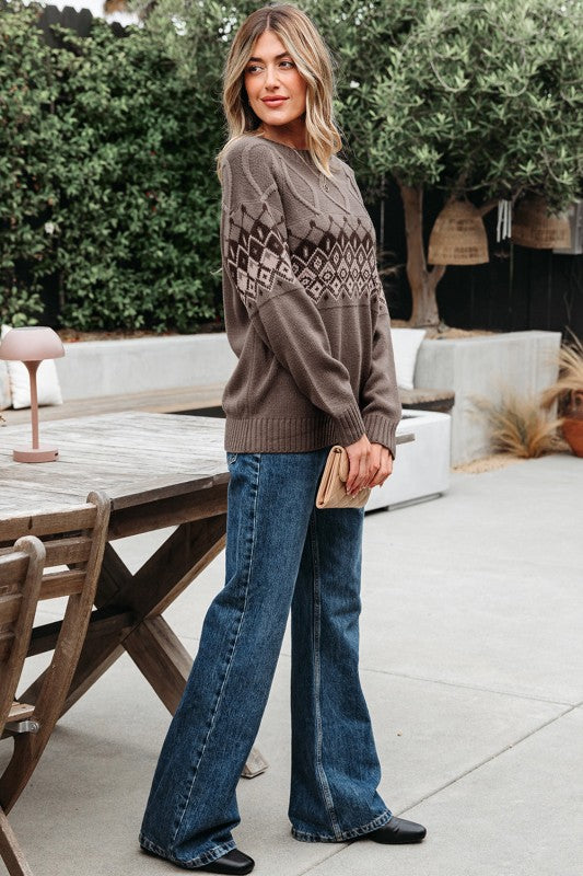 Alana Western Geometric Patterned Crew Neck Sweater