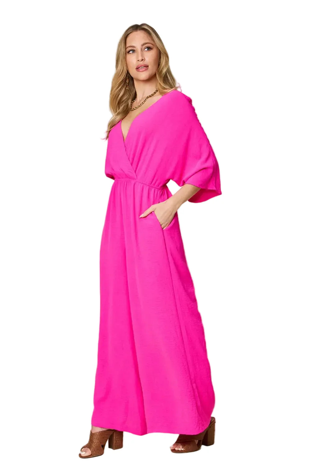 Garden Naked Womens Jumpsuit Elegant Kimono-Sleeve Jumpsuit With Pockets Royal Blue Soft Crepe Fabric Wide
