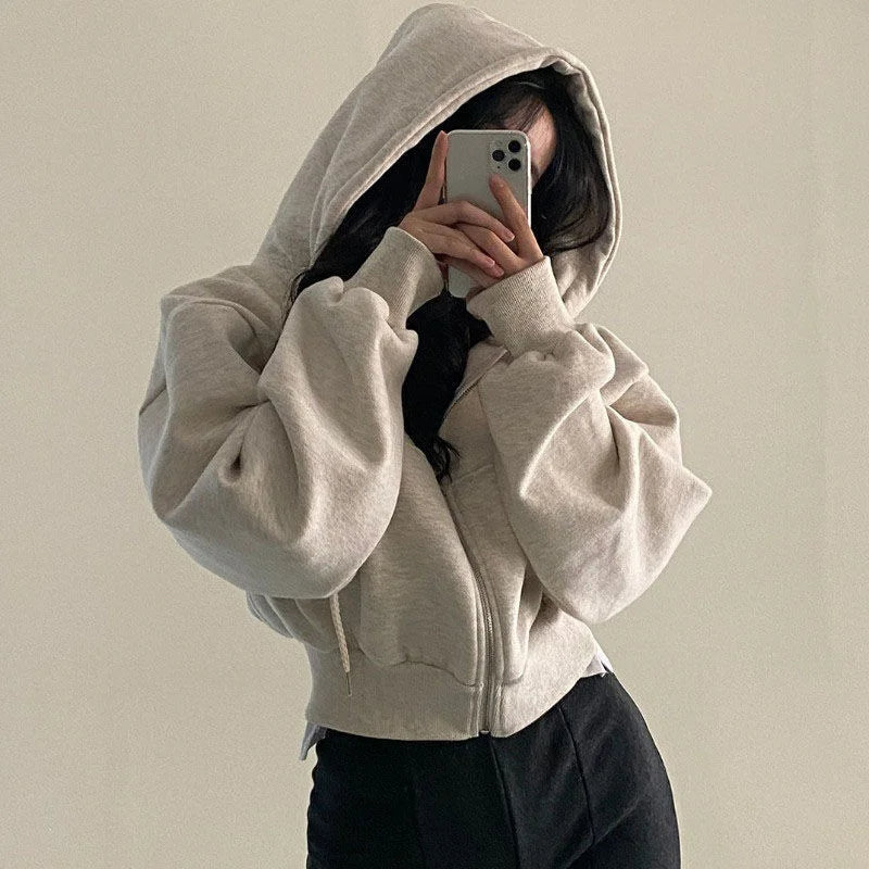 Spring Autumn Winter New fleece-lined Versatile Cropped Hoodie