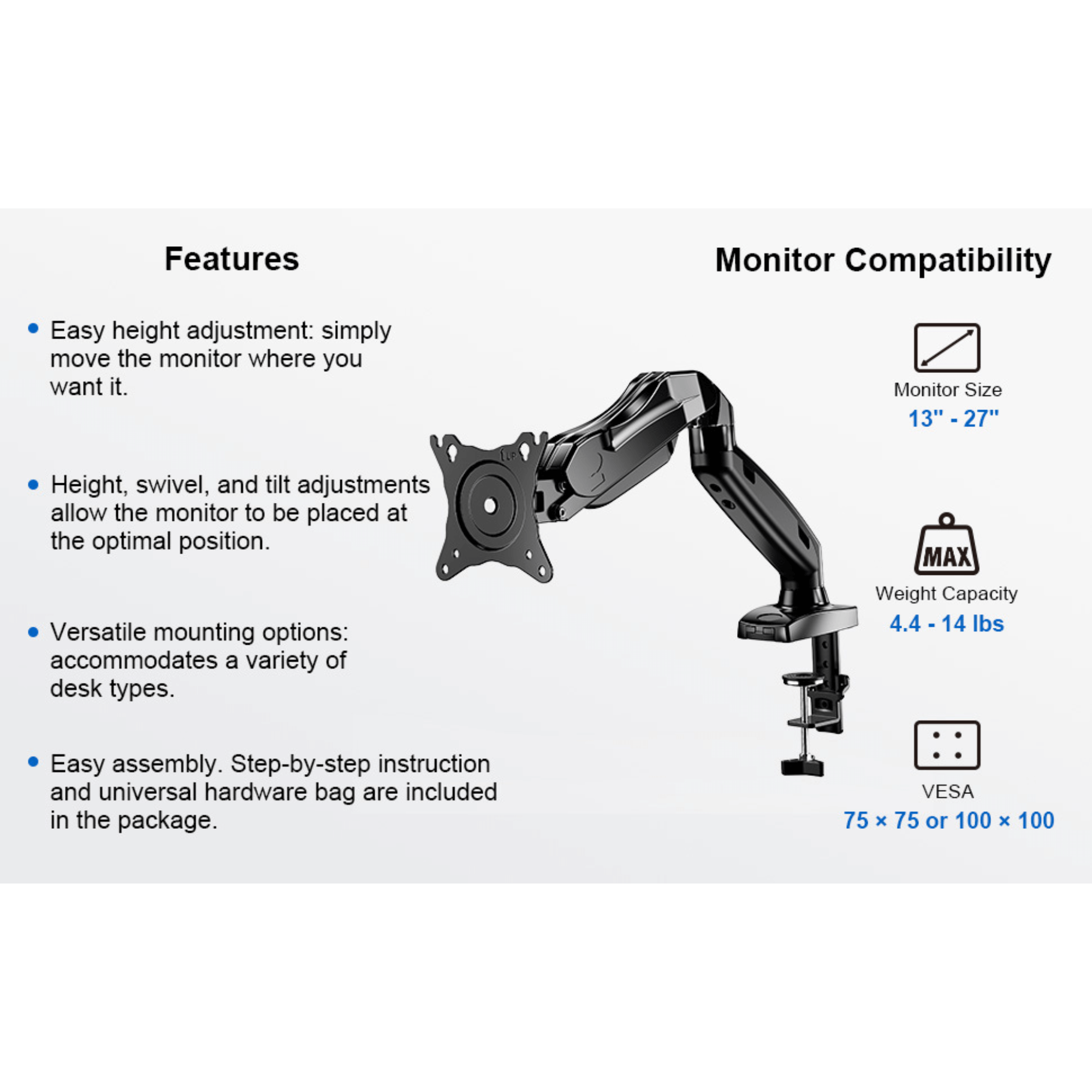 ErgoAV Gas Spring Desk Mount for Single Monitors 13" to 27"