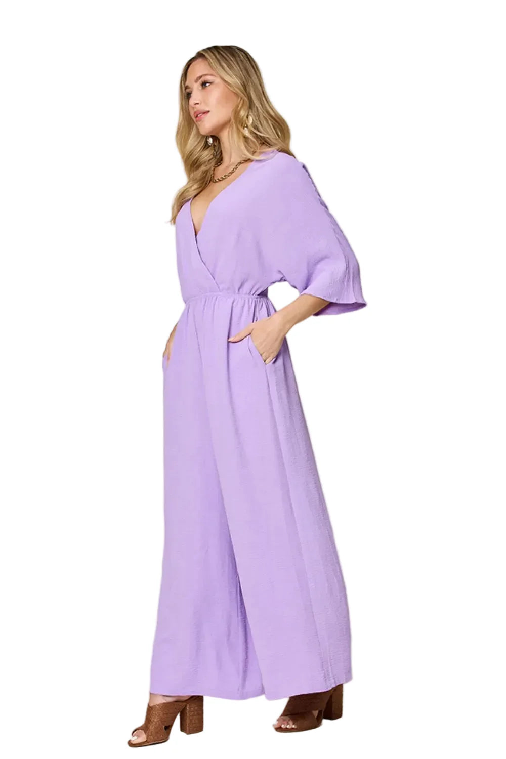 Garden Naked Womens Jumpsuit Elegant Kimono-Sleeve Jumpsuit With Pockets Royal Blue Soft Crepe Fabric Wide