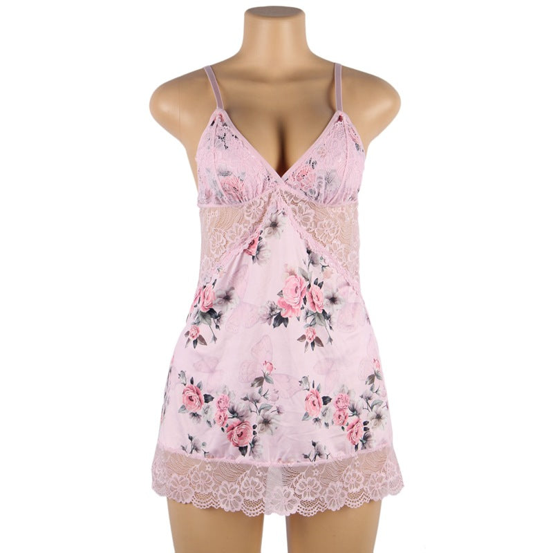 Plus Size Embroidery Patchwork Lace Sleeping Dress