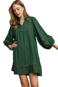 Garden Naked Womens Casual Shift Dress Boho Leopard Trim Pleated Babydoll Mini Green Balloon Sleeve Daily Wear