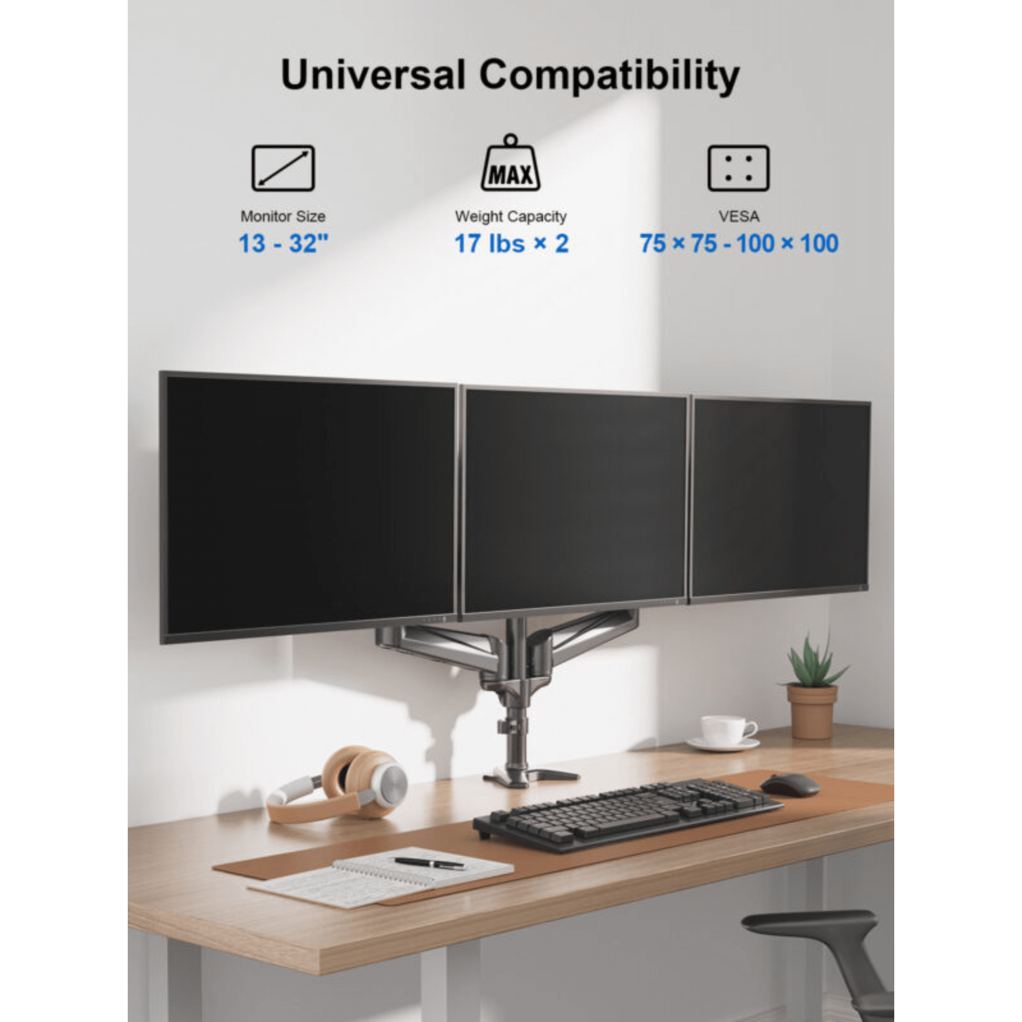 ErgoAV Gas Spring Desk Mount for Triple Monitors 13" to 32"