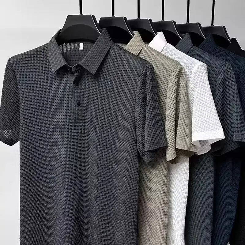 New Men's Lop-up Hollow Short-sleeved Polo  Breathable Business Fashion