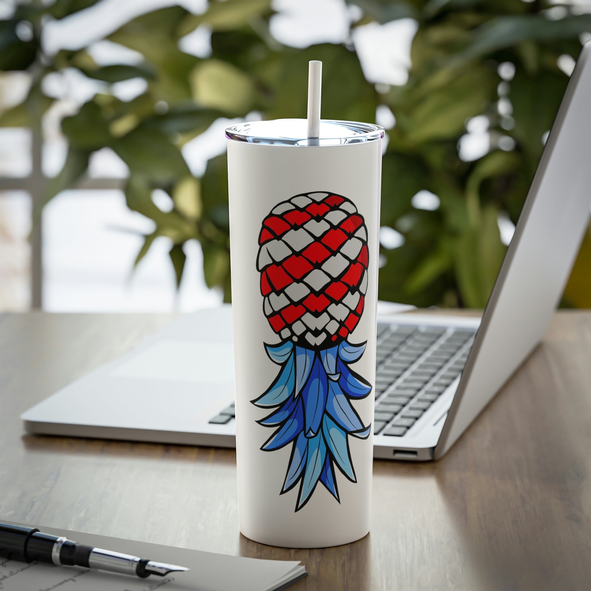 American Flag Upside Down Pineapple Skinny Steel Tumbler with Straw, 20oz