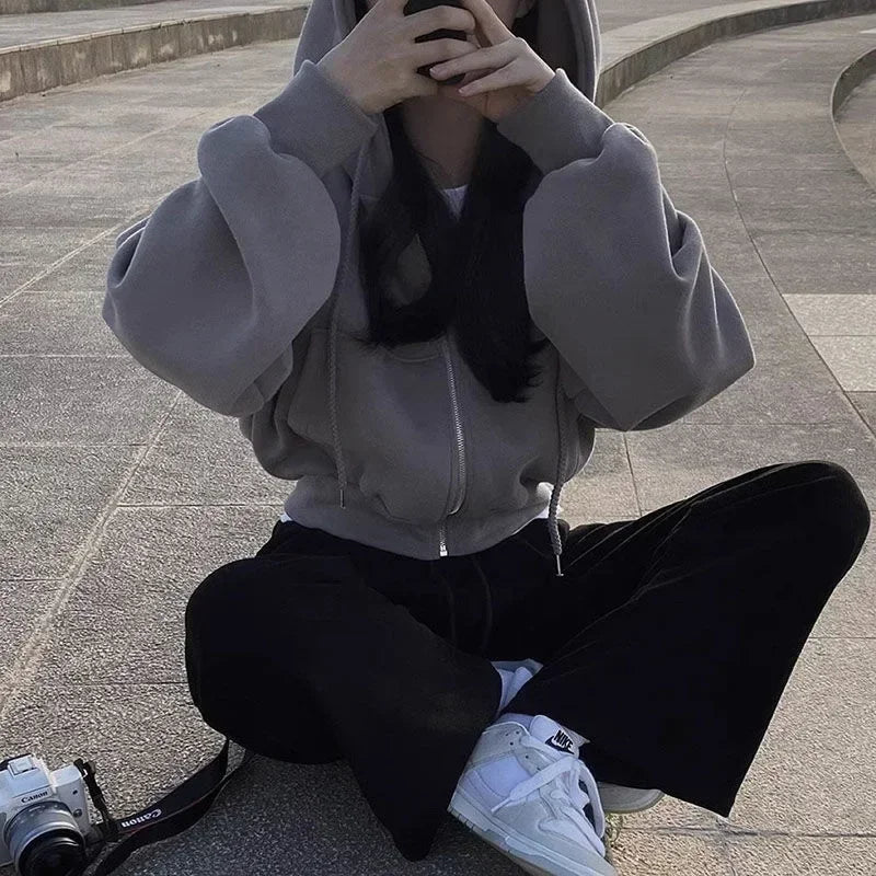 Spring Autumn Winter New fleece-lined Versatile Cropped Hoodie