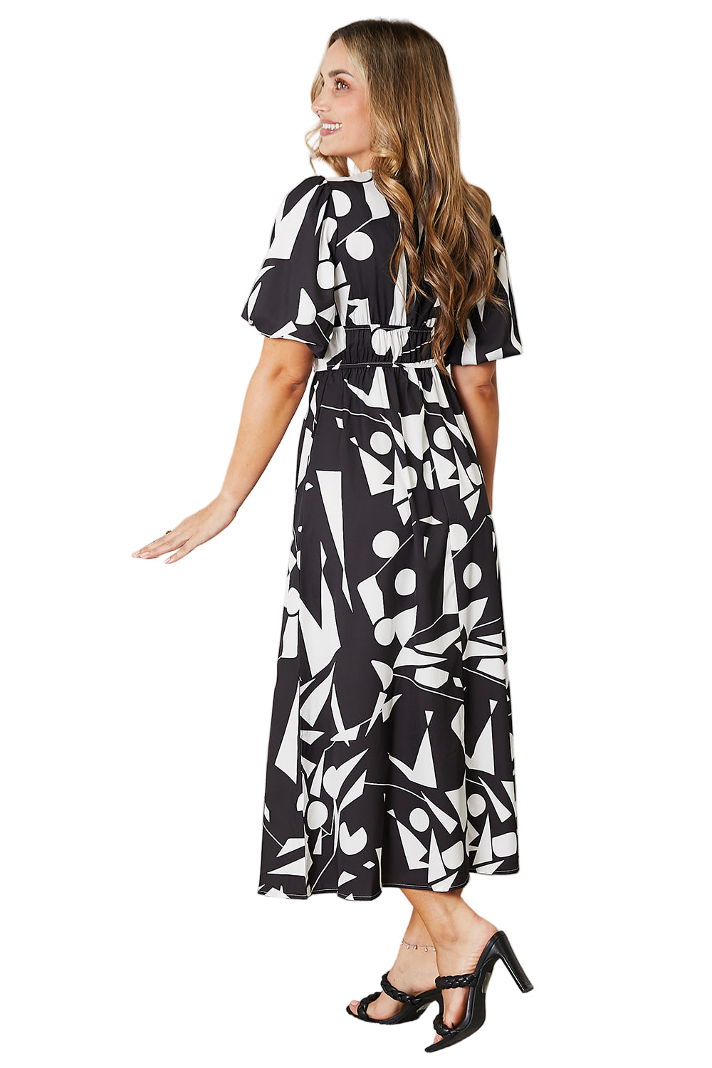Women's Casual Midi Dress Printed Balloon Sleeve Wrap Dress Rust and White Short-Sleeve Fit