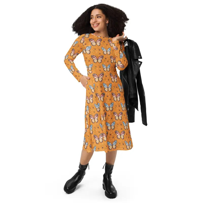 Long Sleeve Midi Dress - Butterflies Polyester Elastane - DipaliZ