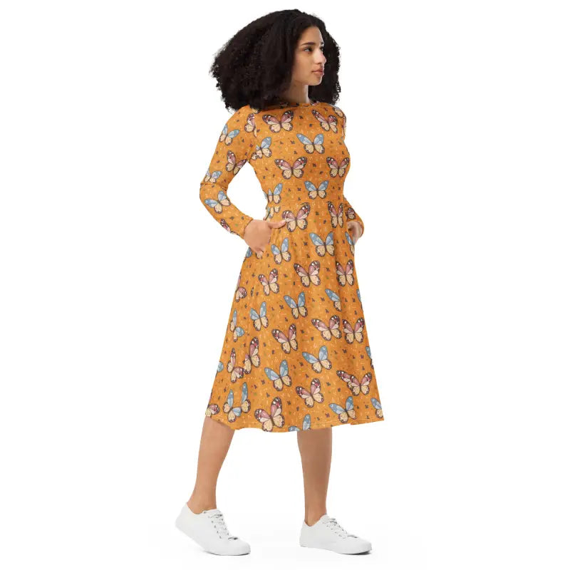 Long Sleeve Midi Dress - Butterflies Polyester Elastane - DipaliZ