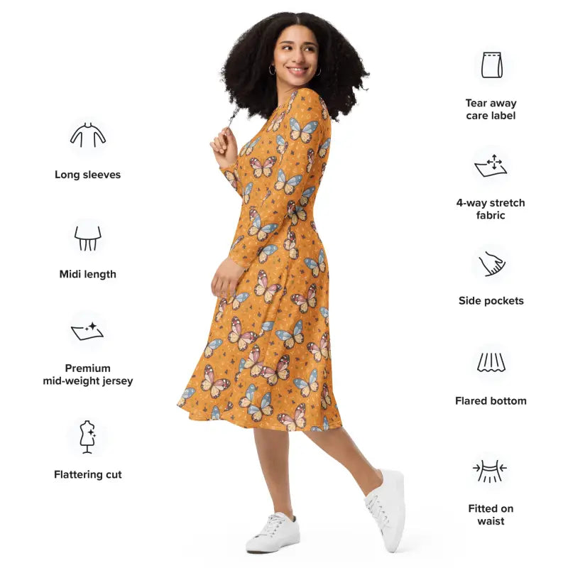 Long Sleeve Midi Dress - Butterflies Polyester Elastane - DipaliZ