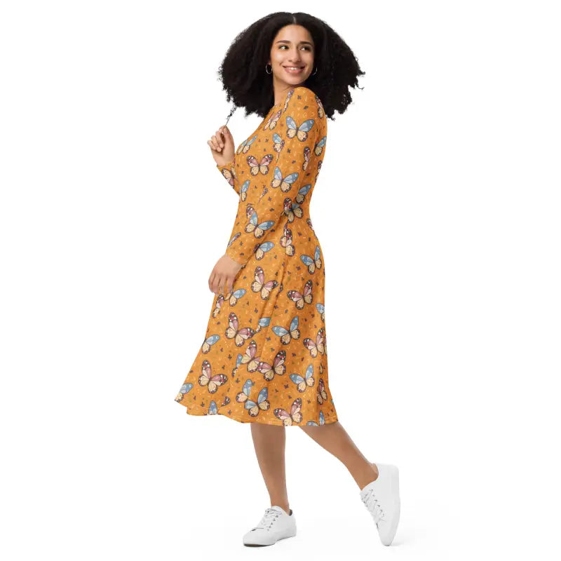 Long Sleeve Midi Dress - Butterflies Polyester Elastane - DipaliZ