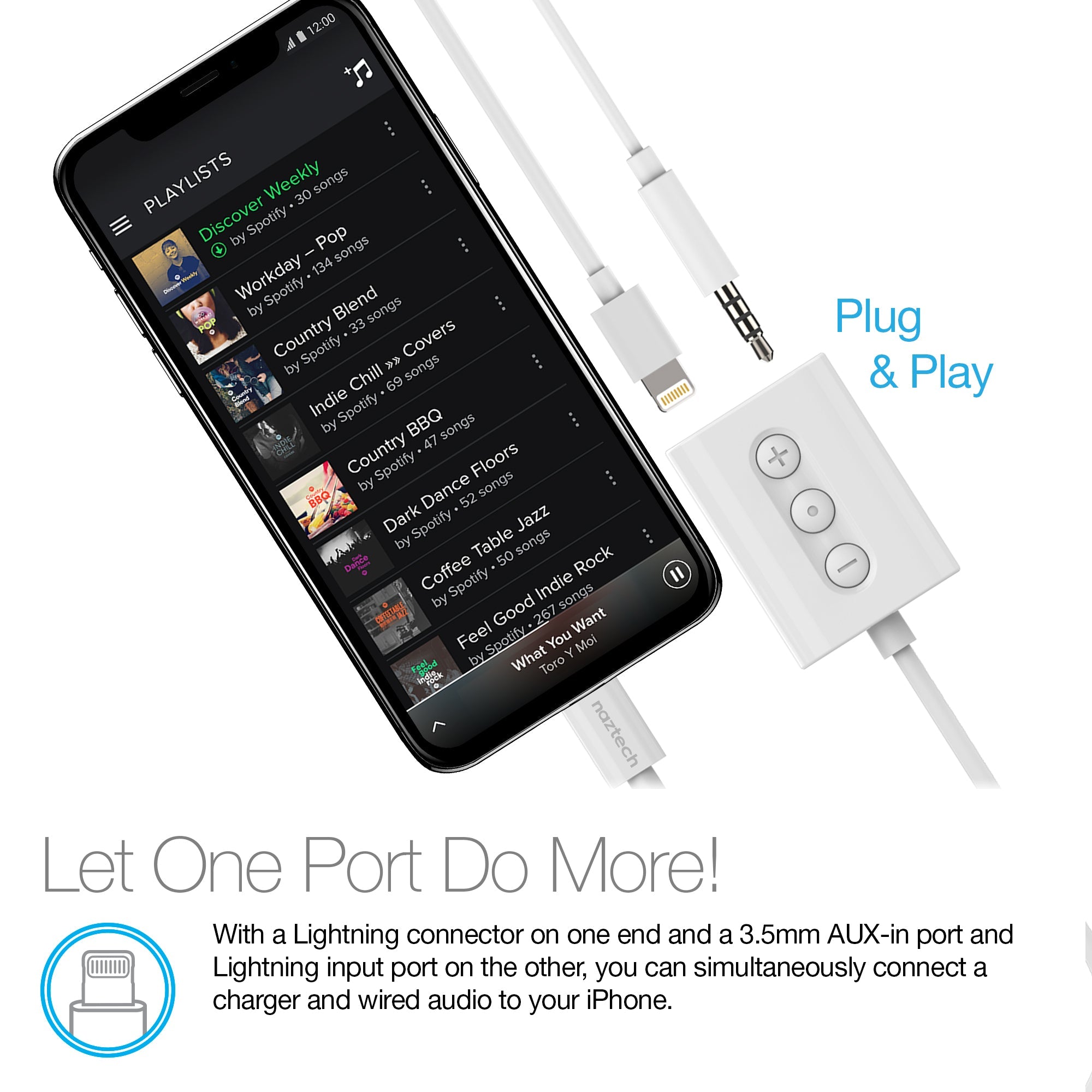 Naztech MFI Lightning to 3.5mm Audio + Charging Adapter