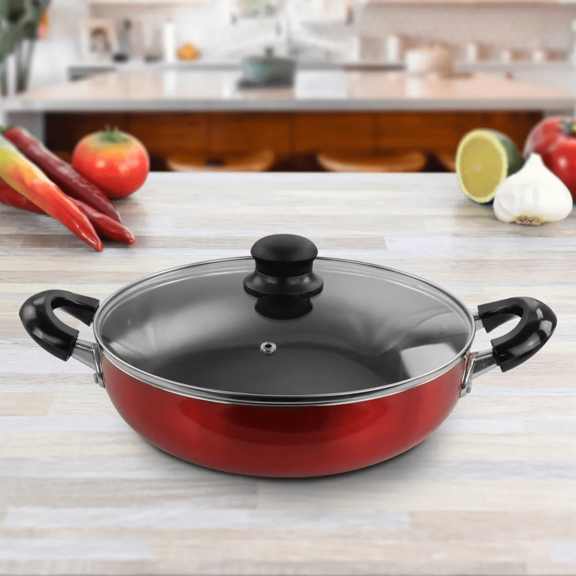 Better Chef 12" Aluminum Non-Stick Metallic Red Deep Fryer with Glass Lid