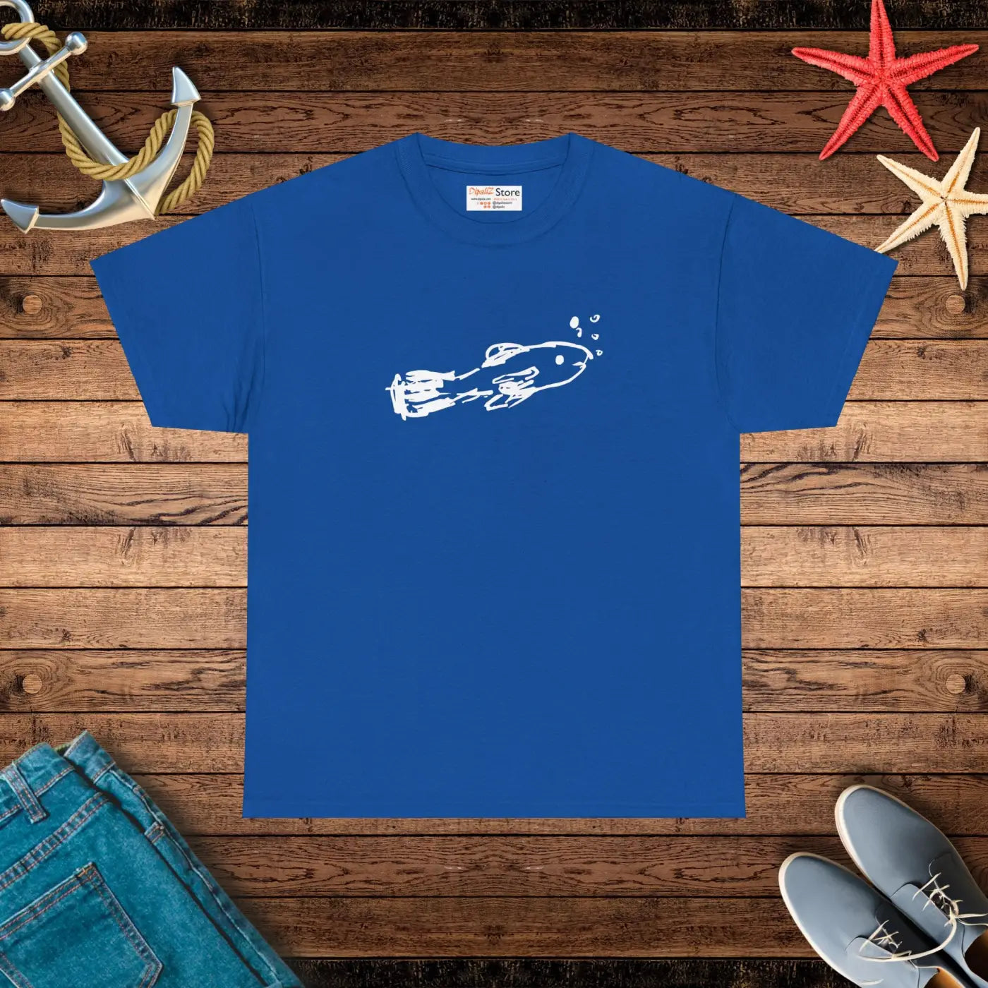Hand Drawn Fish Unisex Heavy Cotton Tee - Bubbles Design - DipaliZ