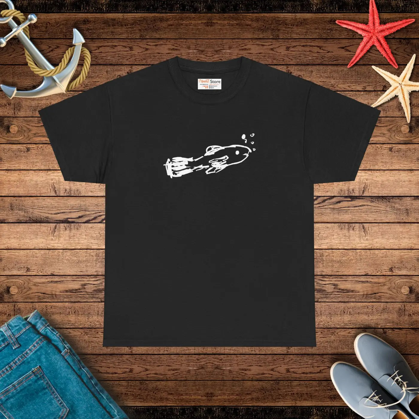 Hand Drawn Fish Unisex Heavy Cotton Tee - Bubbles Design - DipaliZ