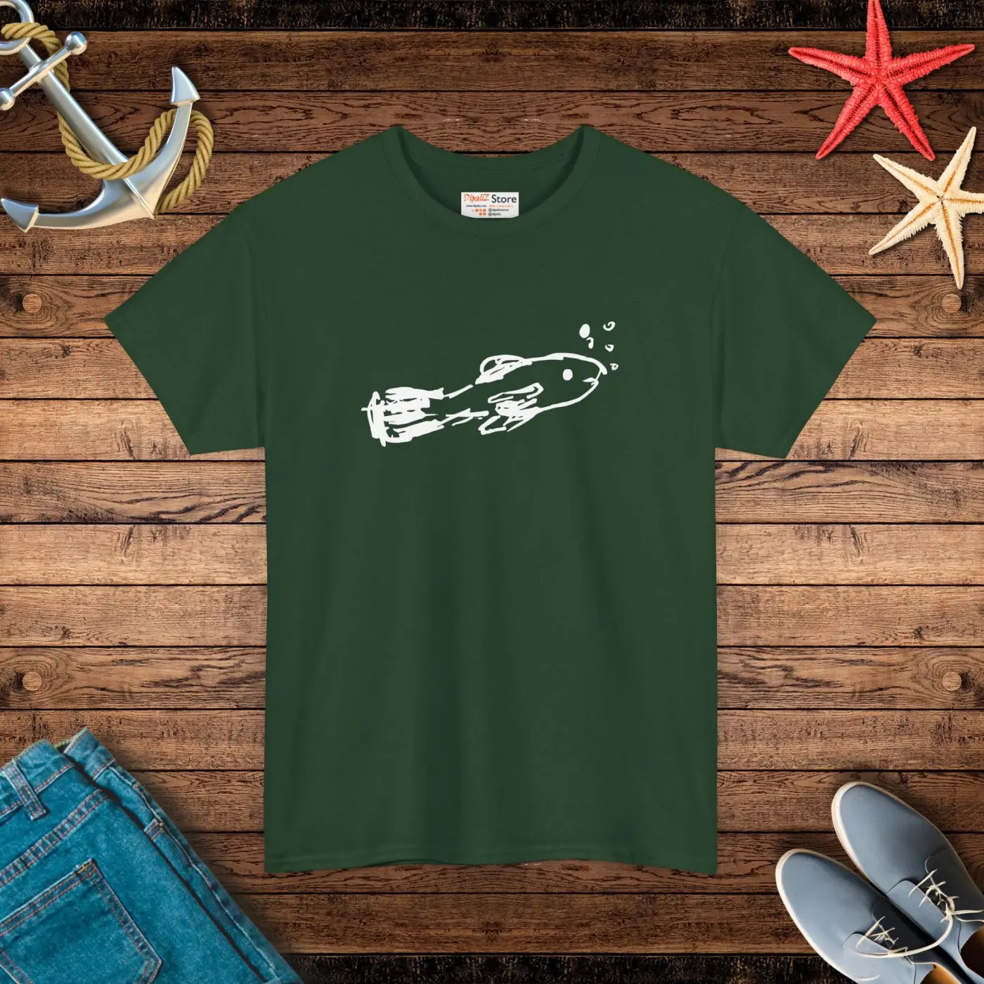 Hand Drawn Fish Unisex Heavy Cotton Tee - Bubbles Design - DipaliZ