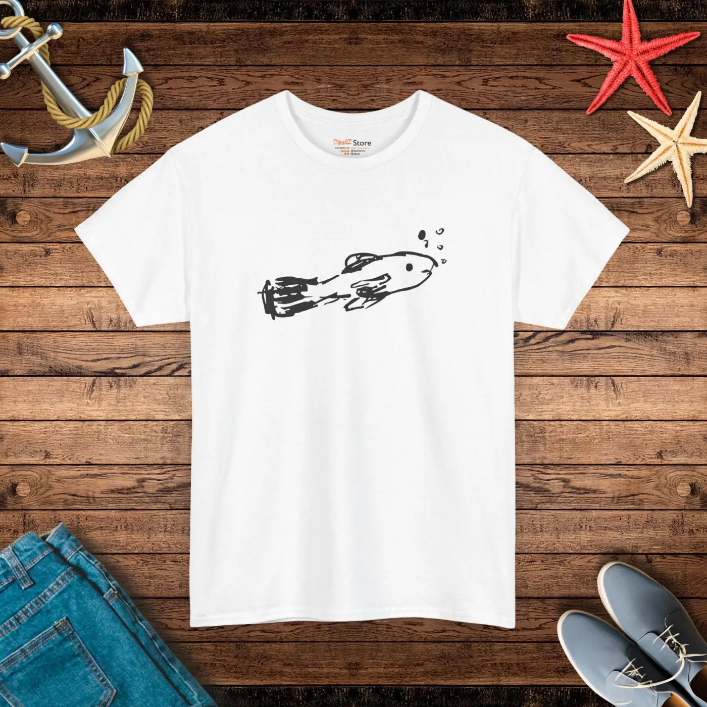 Hand Drawn Fish Unisex Heavy Cotton Tee - Bubbles Design - DipaliZ