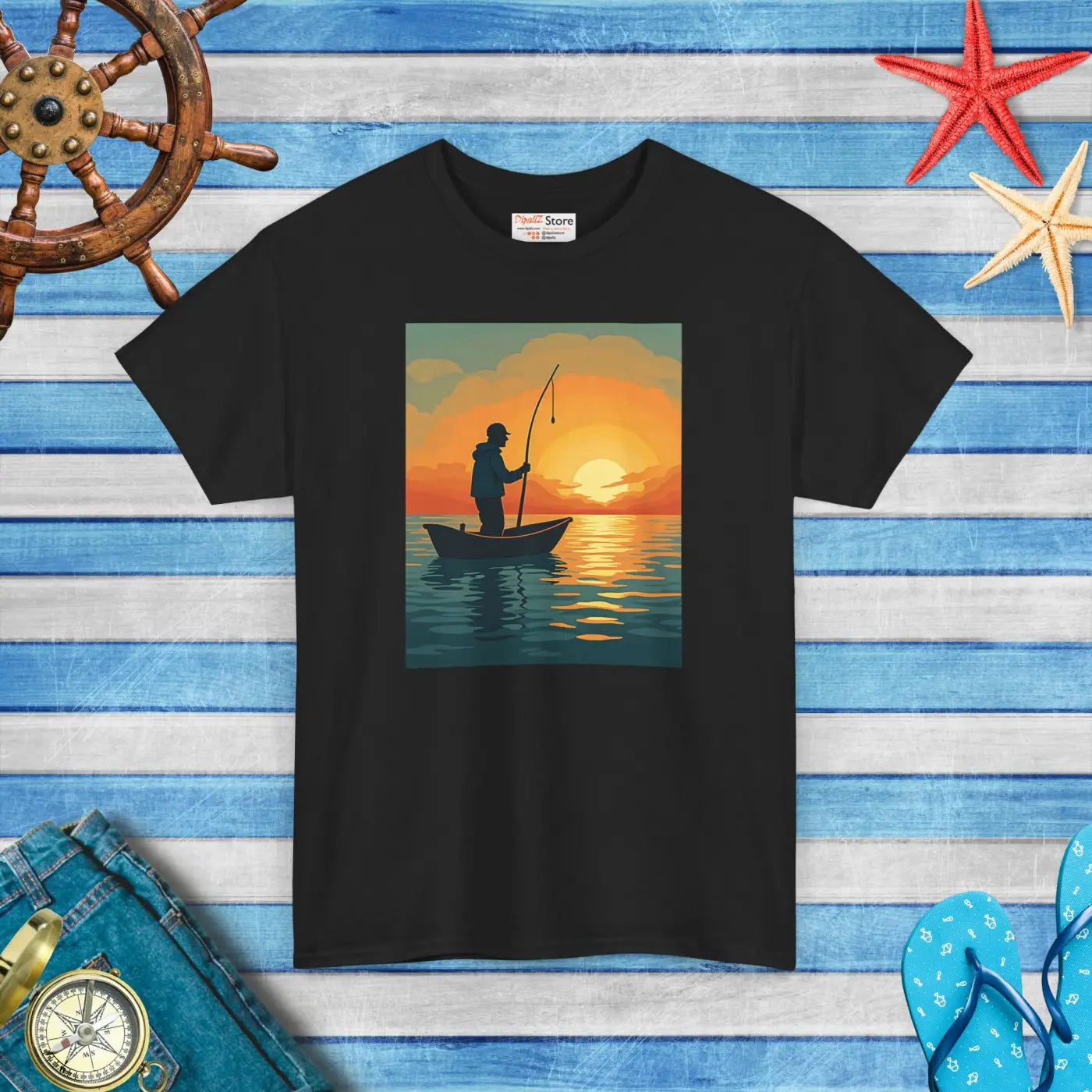 Sunset Fisherman Tee - Heavy Cotton Unisex Comfort - DipaliZ