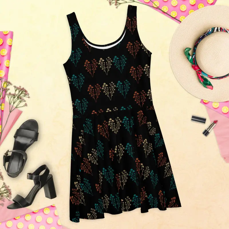 Black Skater Dress - Floral Pattern Design - DipaliZ