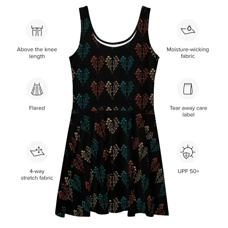 Black Skater Dress - Floral Pattern Design - DipaliZ
