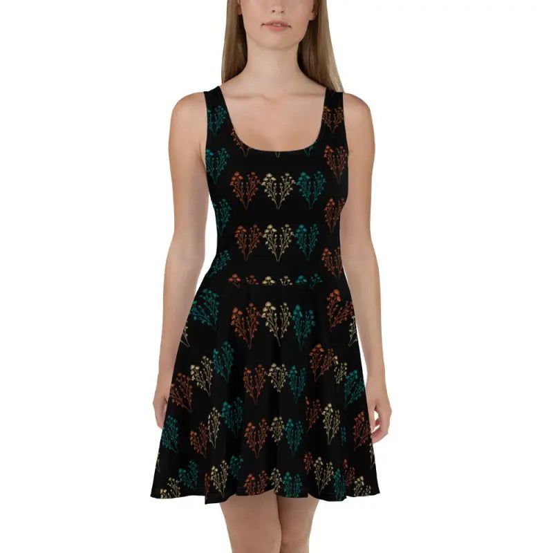 Black Skater Dress - Floral Pattern Design - DipaliZ