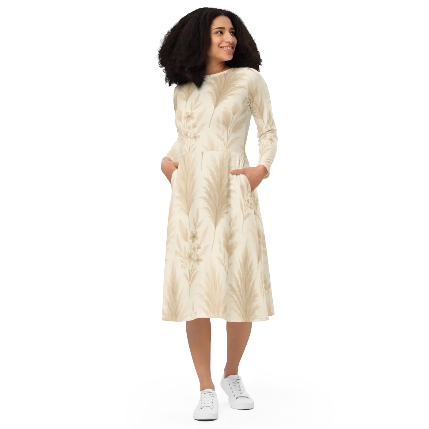 Long Sleeve Midi Dress - Floral Feathers Print - DipaliZ