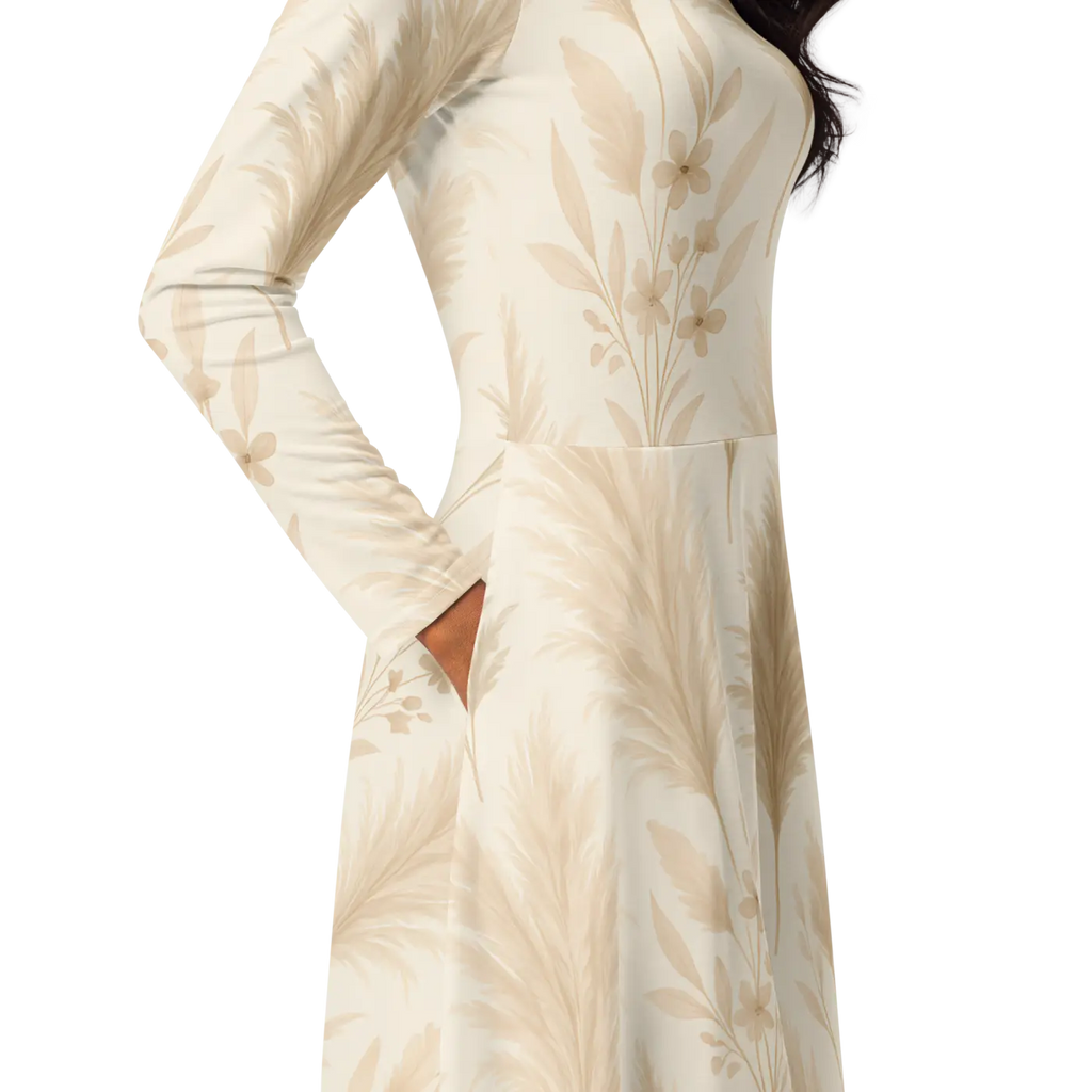 Long Sleeve Midi Dress - Floral Feathers Print - DipaliZ