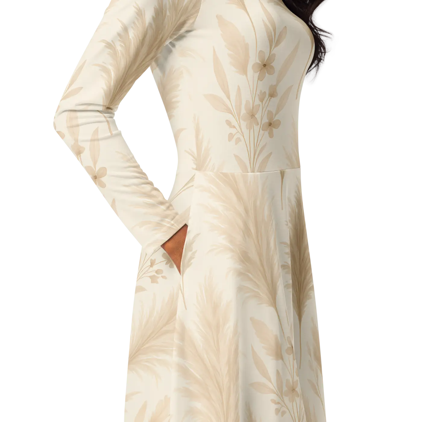 Long Sleeve Midi Dress - Floral Feathers Print - DipaliZ