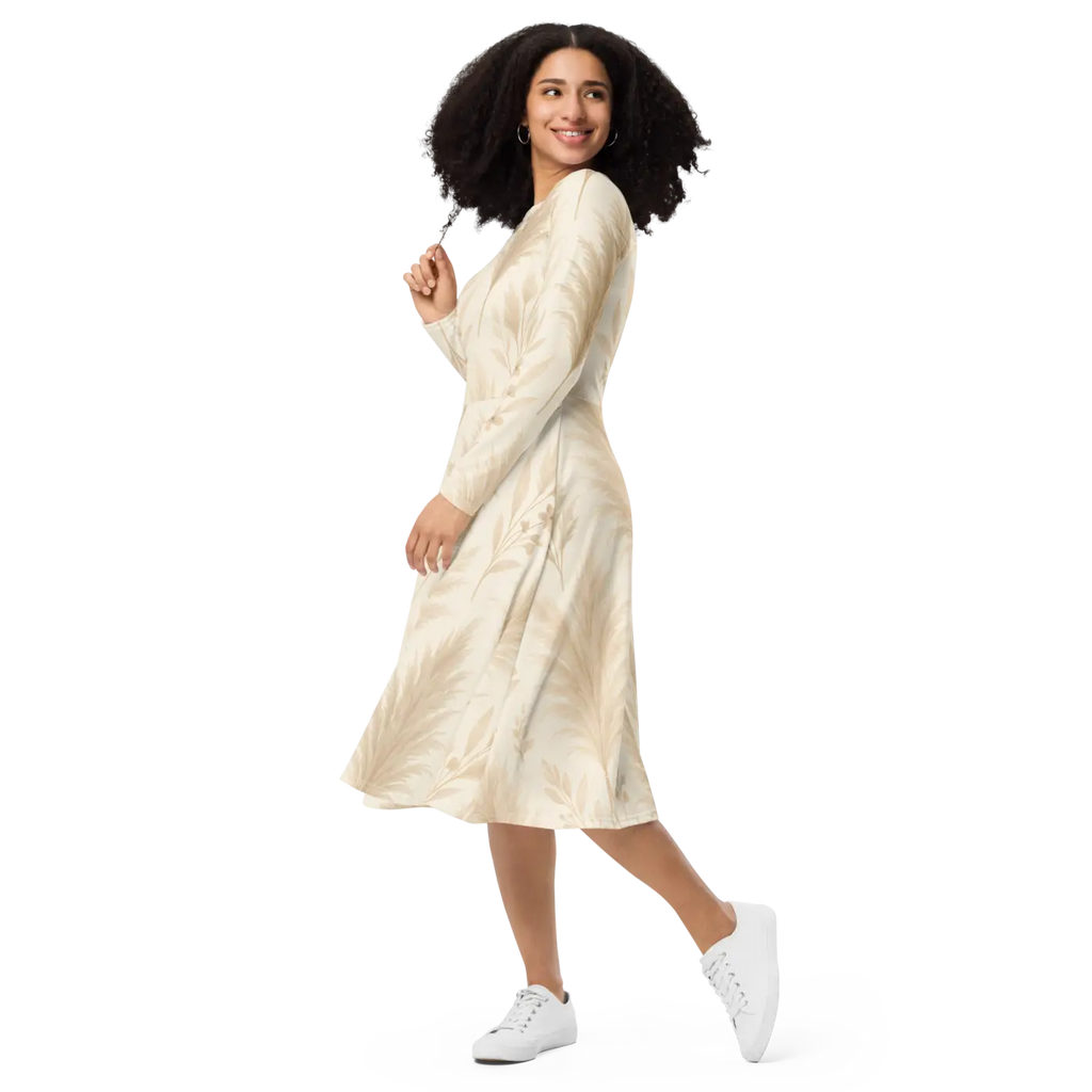 Long Sleeve Midi Dress - Floral Feathers Print - DipaliZ