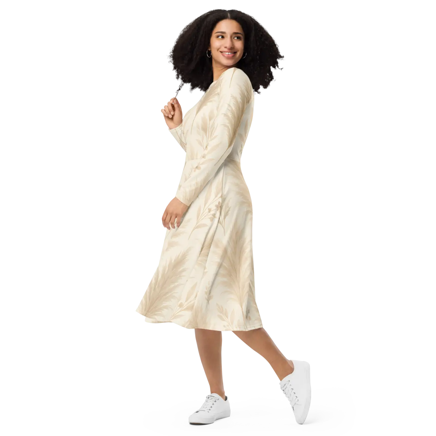 Long Sleeve Midi Dress - Floral Feathers Print - DipaliZ