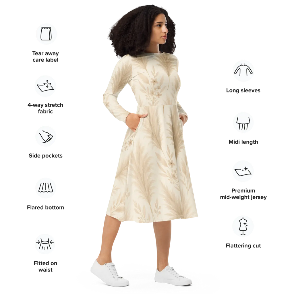 Long Sleeve Midi Dress - Floral Feathers Print - DipaliZ