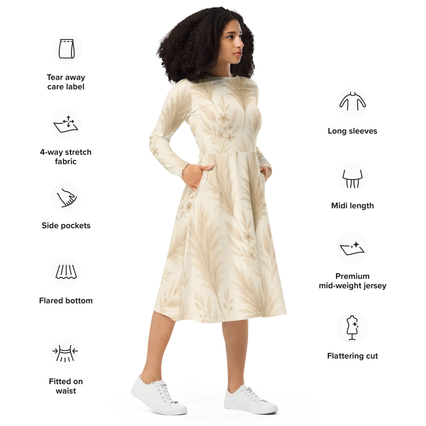 Long Sleeve Midi Dress - Floral Feathers Print - DipaliZ