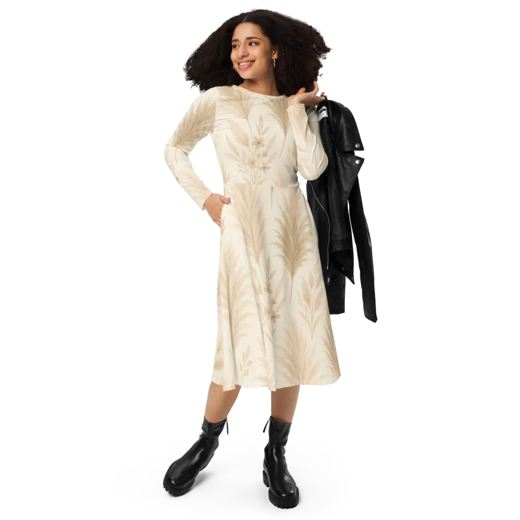Long Sleeve Midi Dress - Floral Feathers Print - DipaliZ