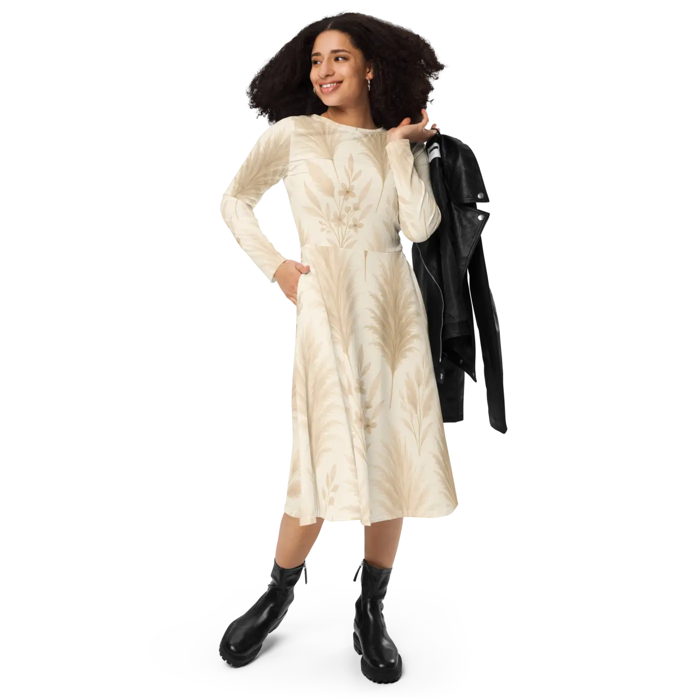 Long Sleeve Midi Dress - Floral Feathers Print - DipaliZ
