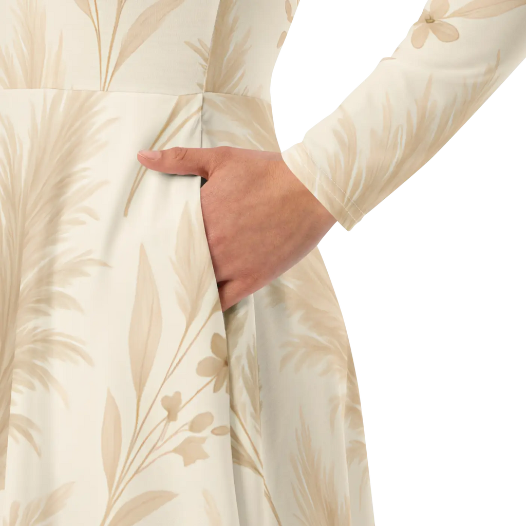 Long Sleeve Midi Dress - Floral Feathers Print - DipaliZ