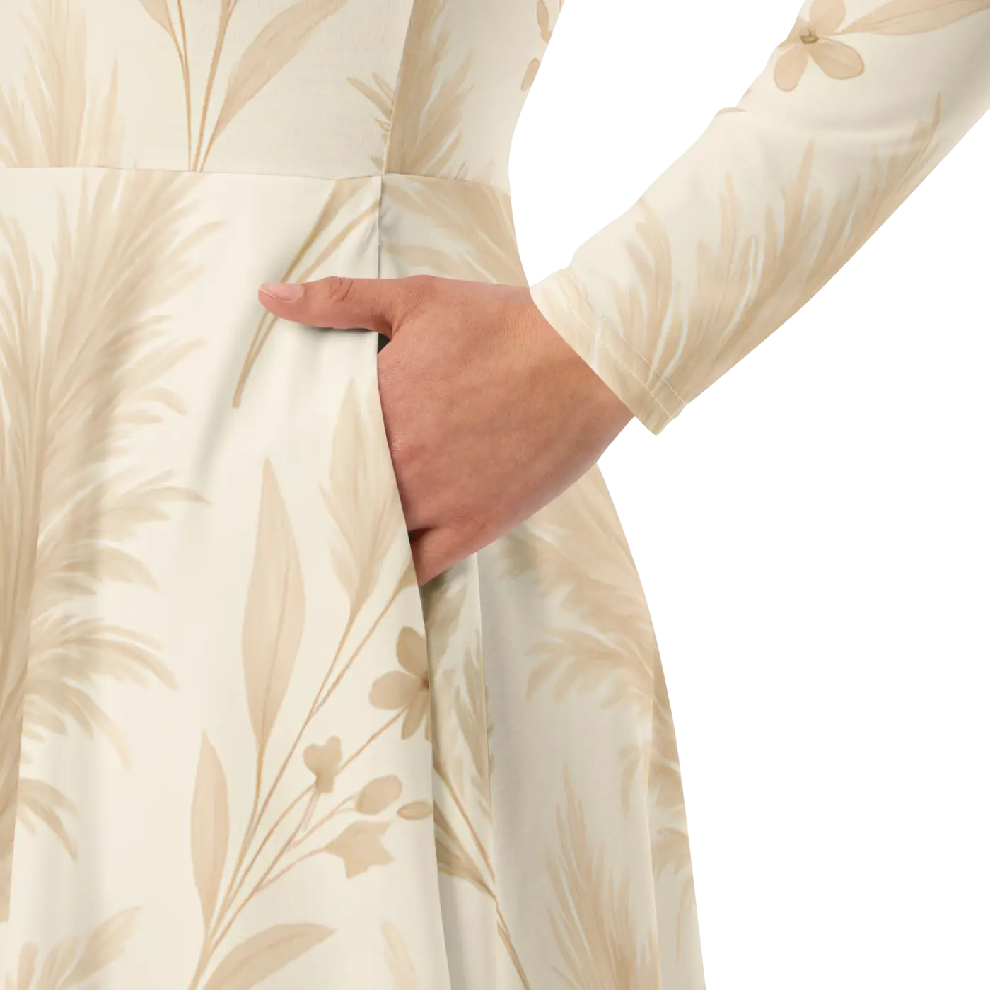 Long Sleeve Midi Dress - Floral Feathers Print - DipaliZ