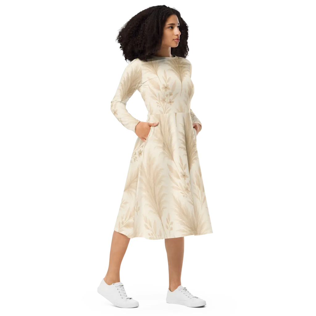 Long Sleeve Midi Dress - Floral Feathers Print - DipaliZ