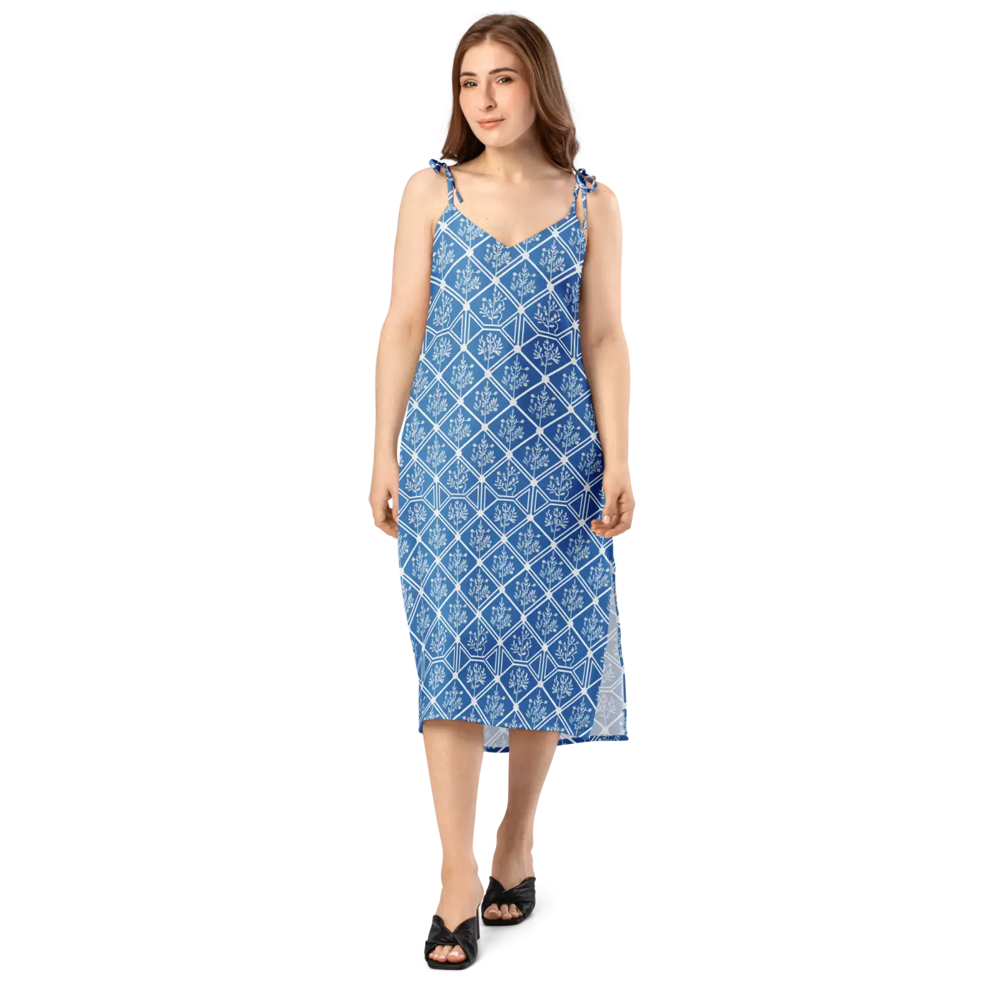 Floral Geometric Hexagon Midi Dress - Breezy Tie-Strap - DipaliZ