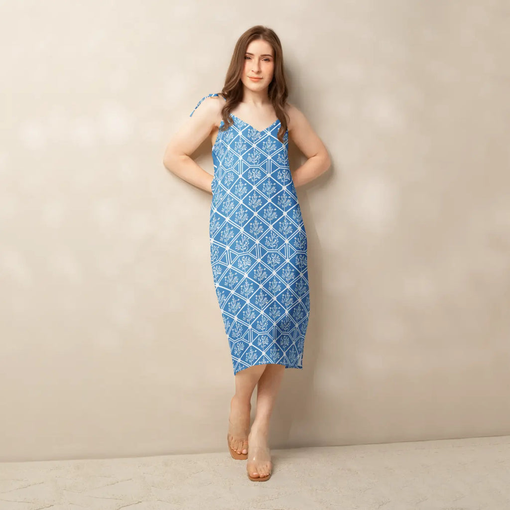 Floral Geometric Hexagon Midi Dress - Breezy Tie-Strap - DipaliZ