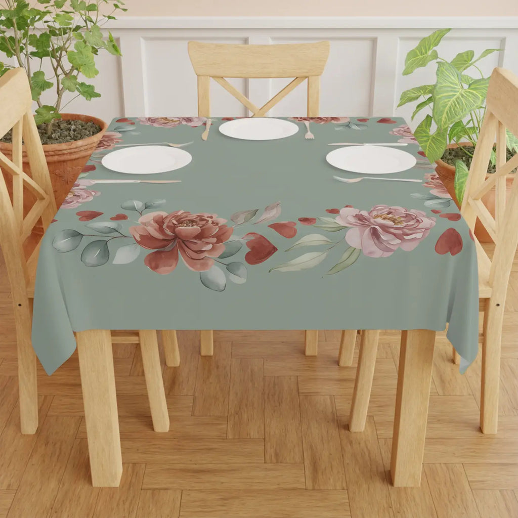Vintage Rose Heart Wreath Tablecloth - Sage Green Floral - DipaliZ