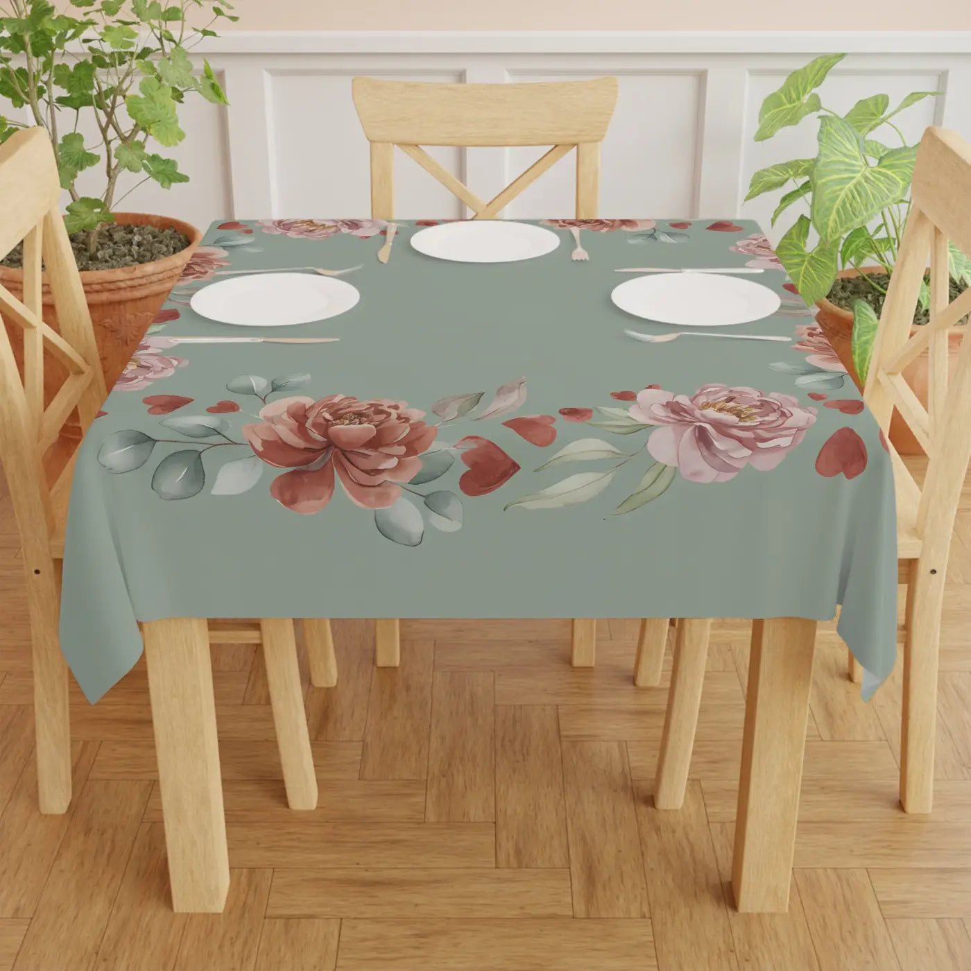 Vintage Rose Heart Wreath Tablecloth - Sage Green Floral - DipaliZ