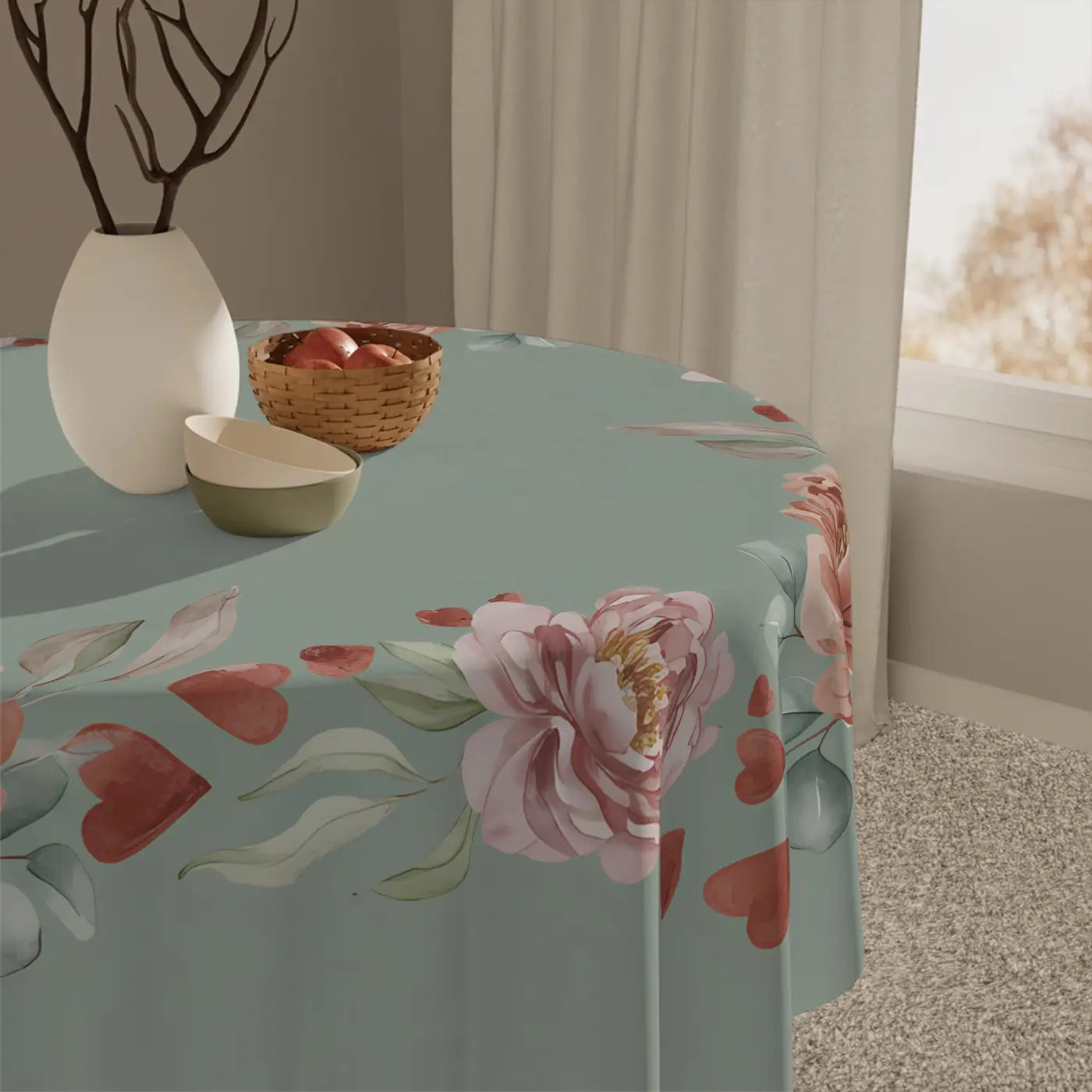 Floral Heart Wreath Tablecloth - Vintage Rose Square - DipaliZ