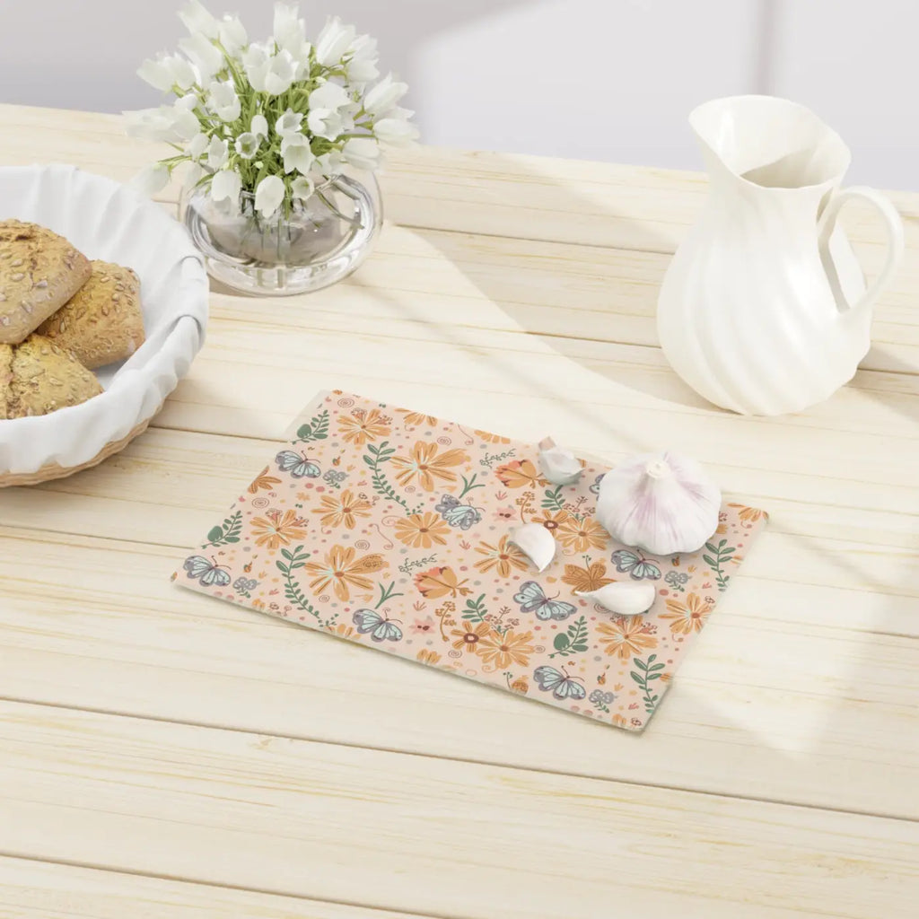 Floral Orange Cutting Board - Tempered Glass Construction - DipaliZ
