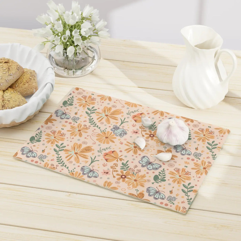 Floral Orange Cutting Board - Tempered Glass Construction - DipaliZ